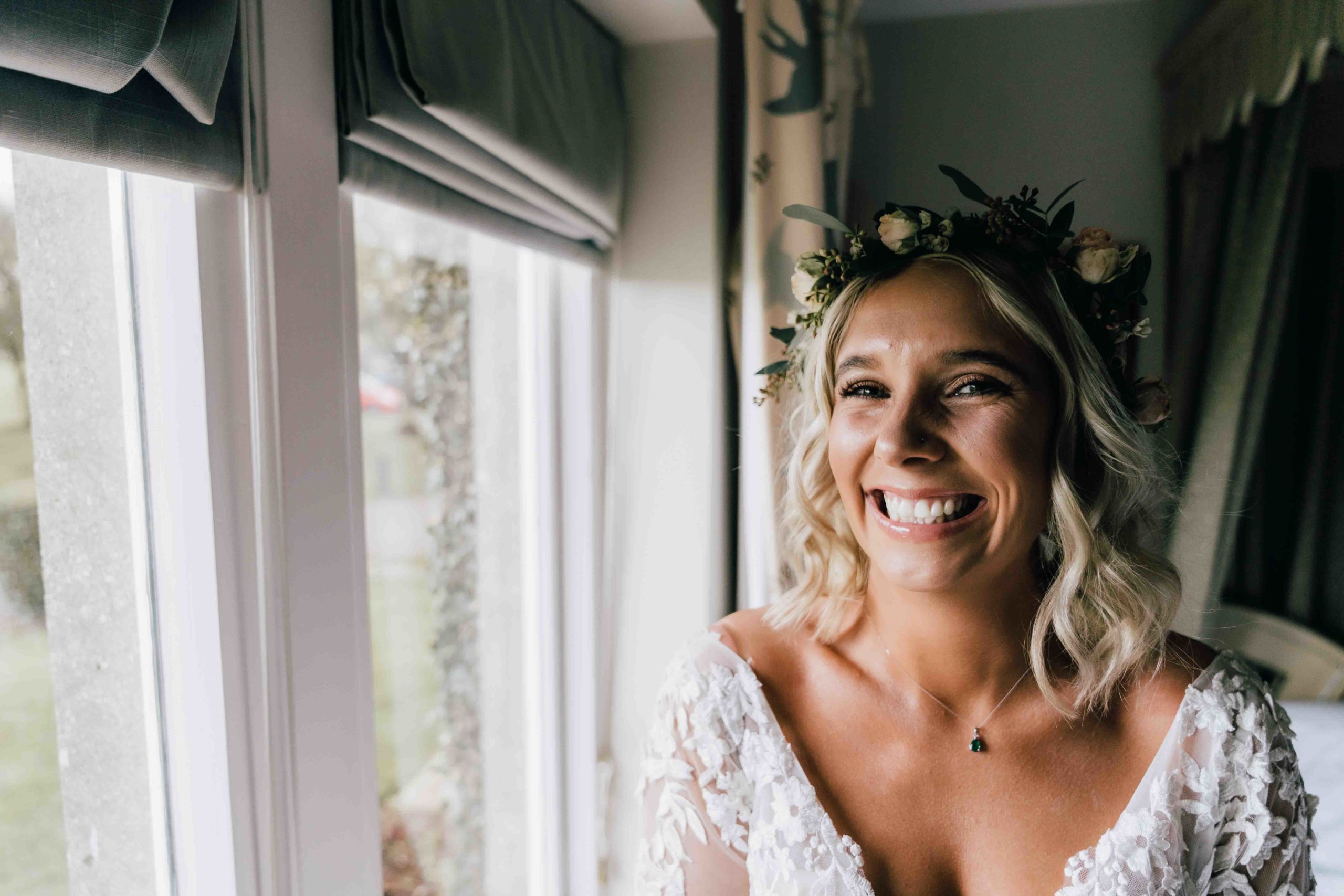 Photograph of Sarah the bride before Tithe Barn Wedding