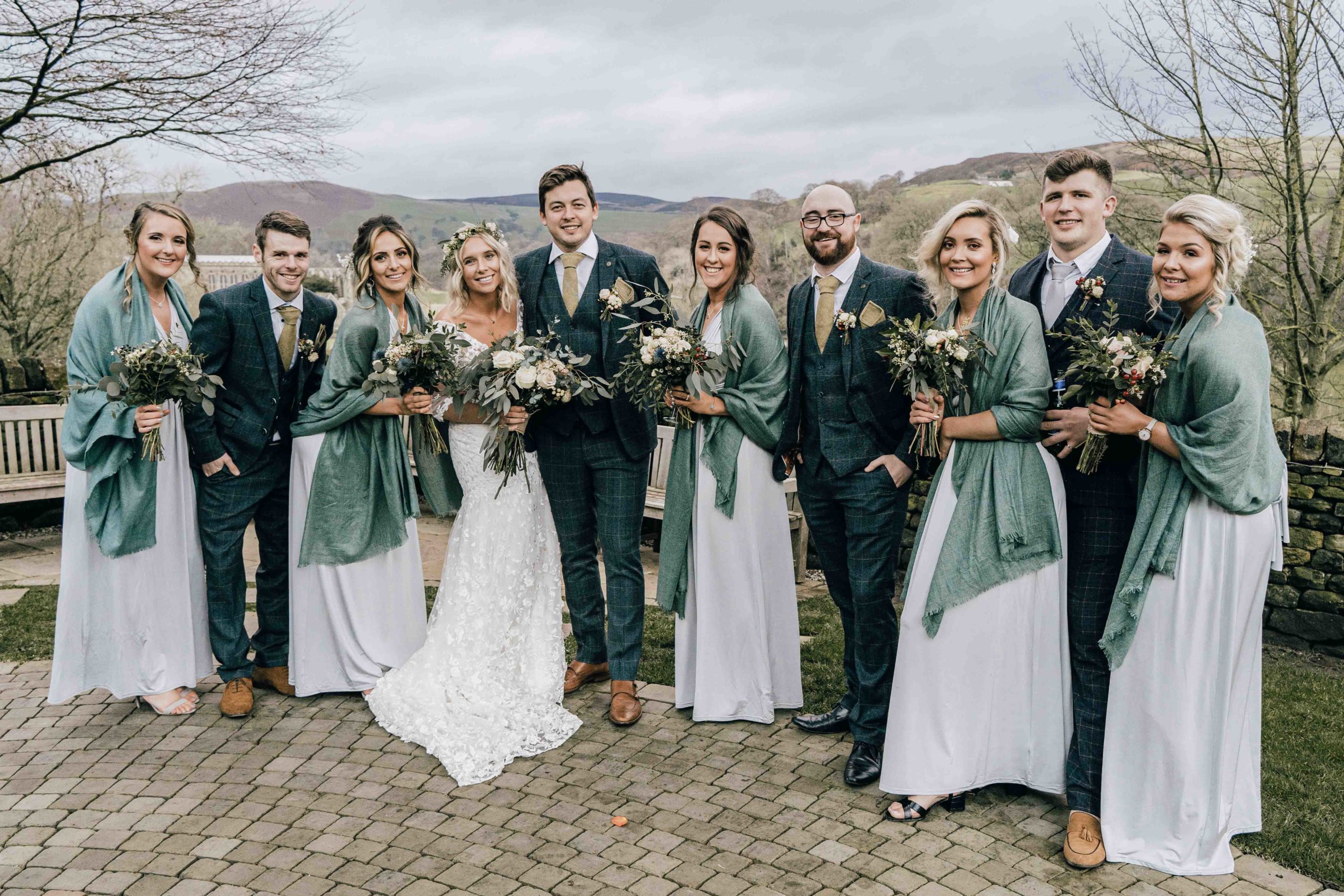 Wedding party photograph at Bolton Abbey in Yorkshire