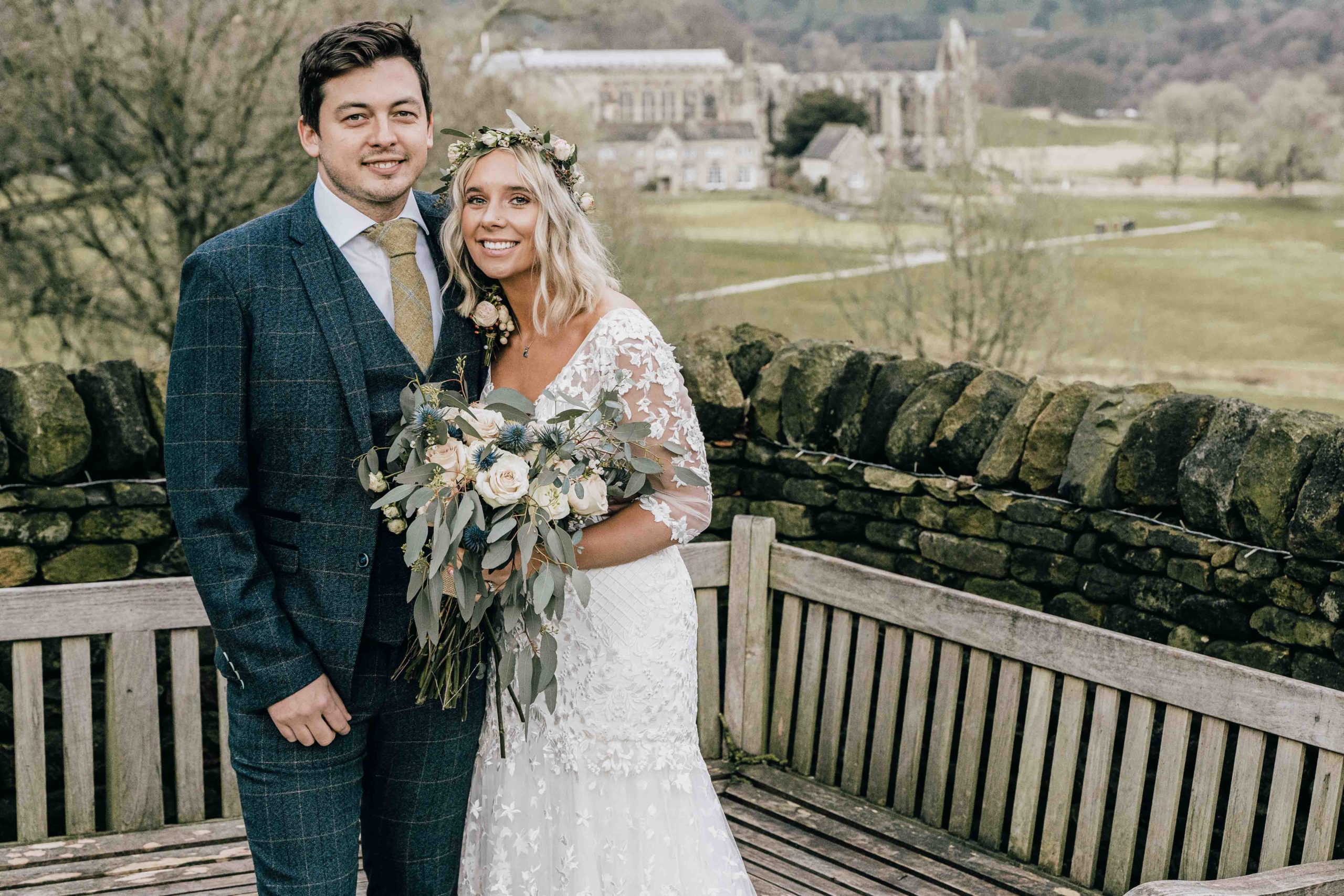 Wedding couple in at Bolton Abbey