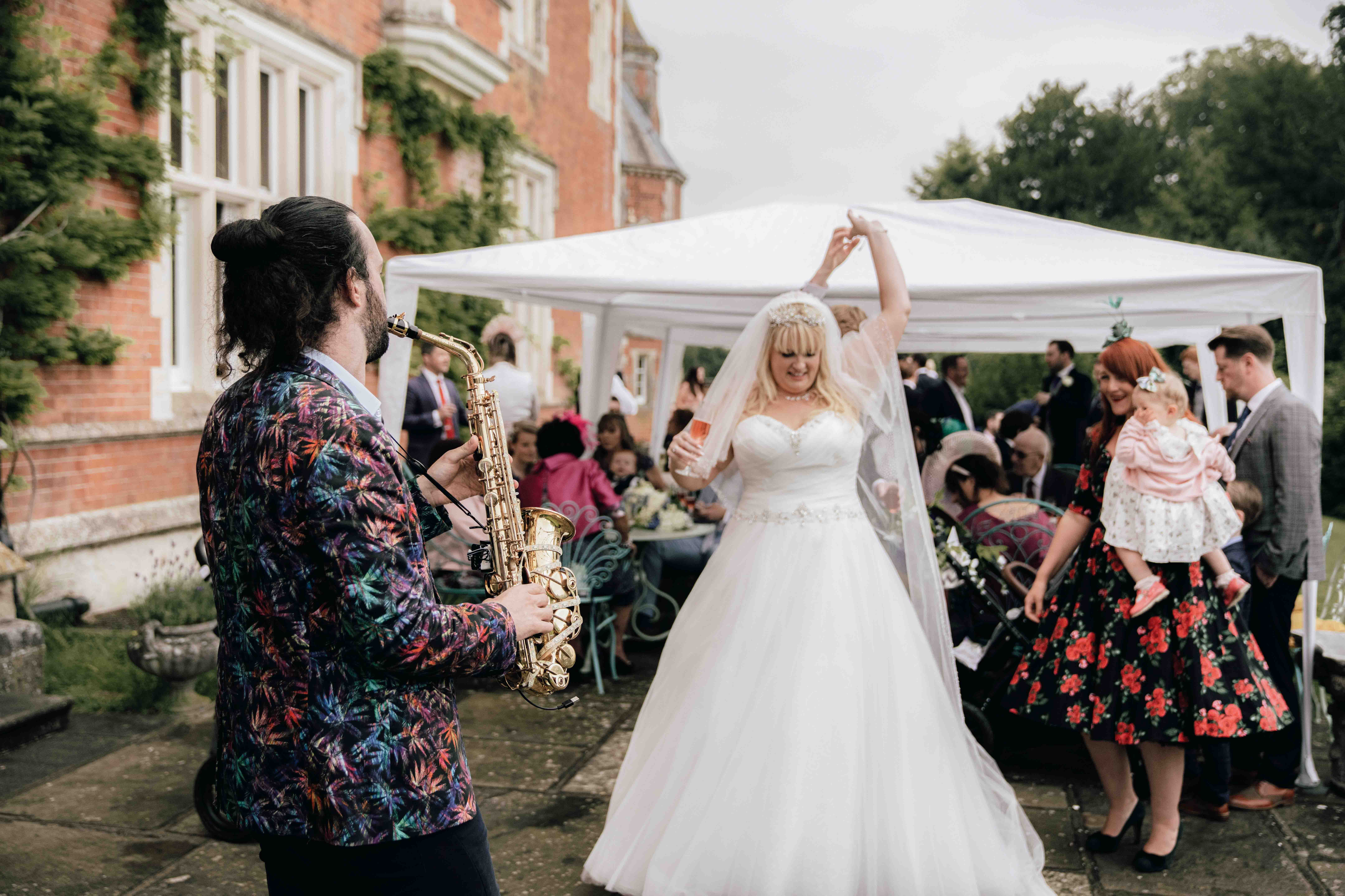 Outdoor dancing at wedding at Thicket priory
