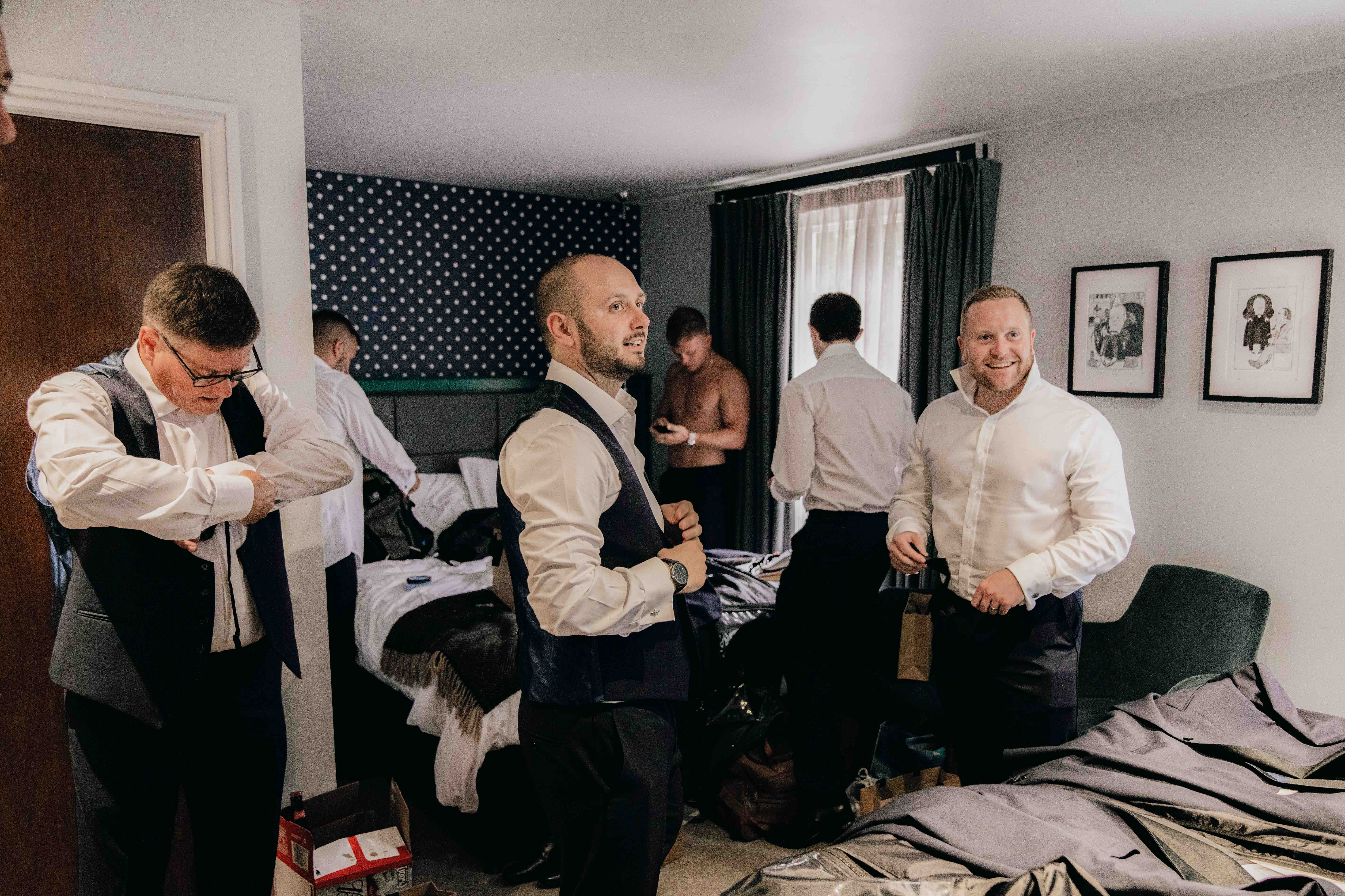 the guys getting ready on the morning of the wedding in York